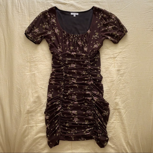 Brown Floral Ruched Mini Dress - Picture 1 of 5